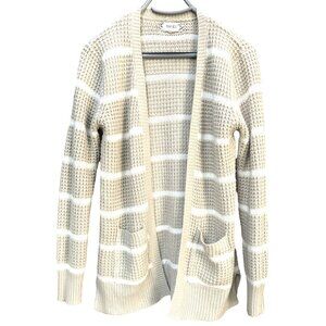 Pink Rose Beige & White Striped Knit Cardigan Sweater With Pockets - Size M